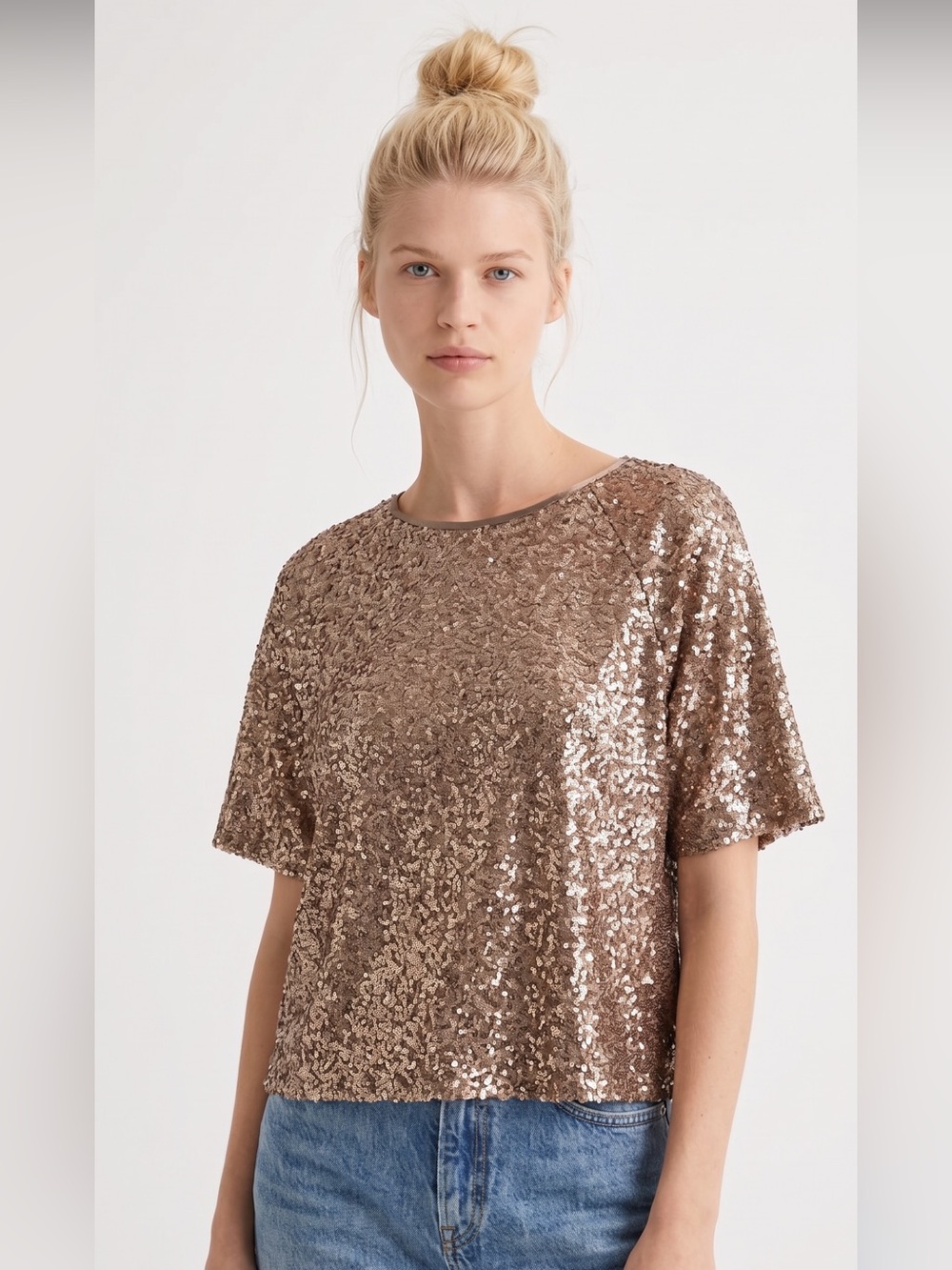 Rebecca Minkoff Sequin Short Sleeve Top - Bronze. Party Glam. Evenings event. S